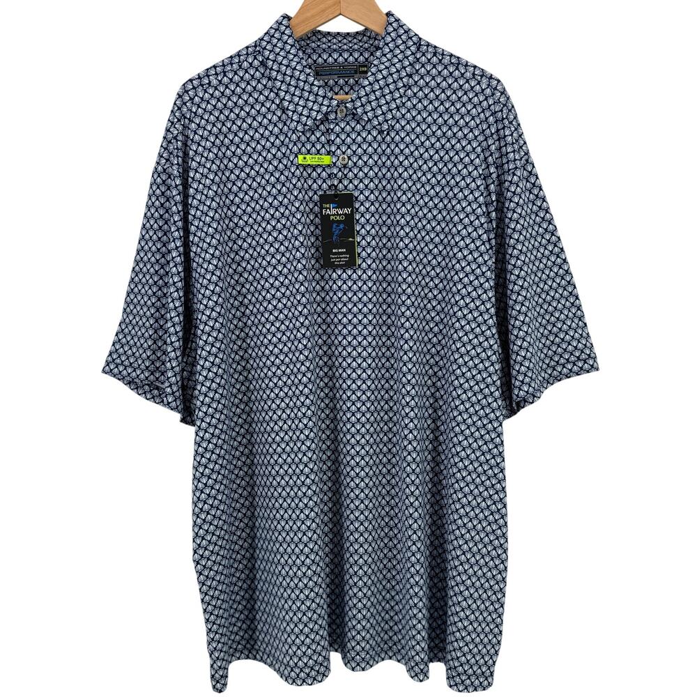 Roundtree & Yorke Performance Fairway Polo Mens Sz 2XB Navy Shell Print UPF 50+